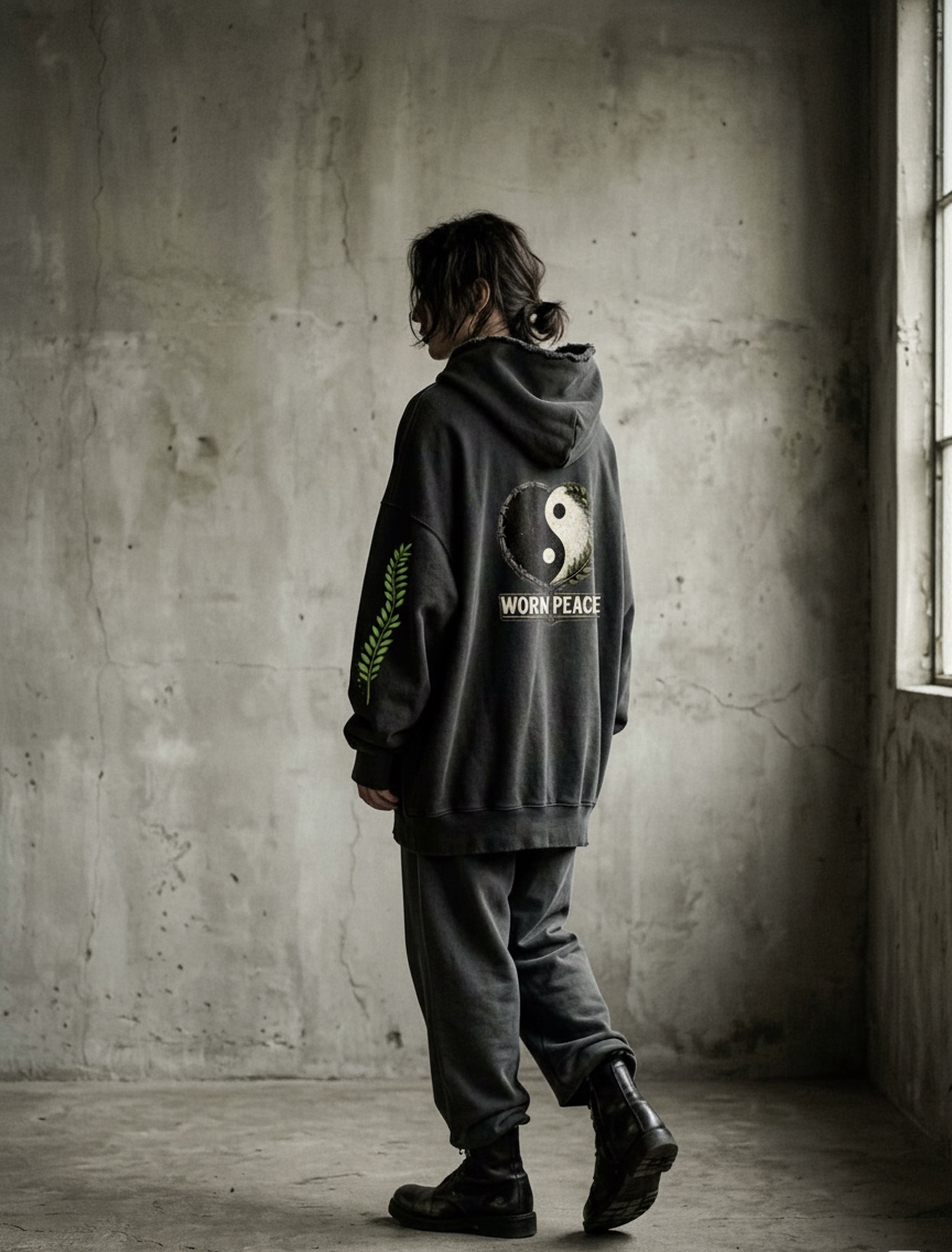 Worn Peace — model in an oversized washed-black hoodie