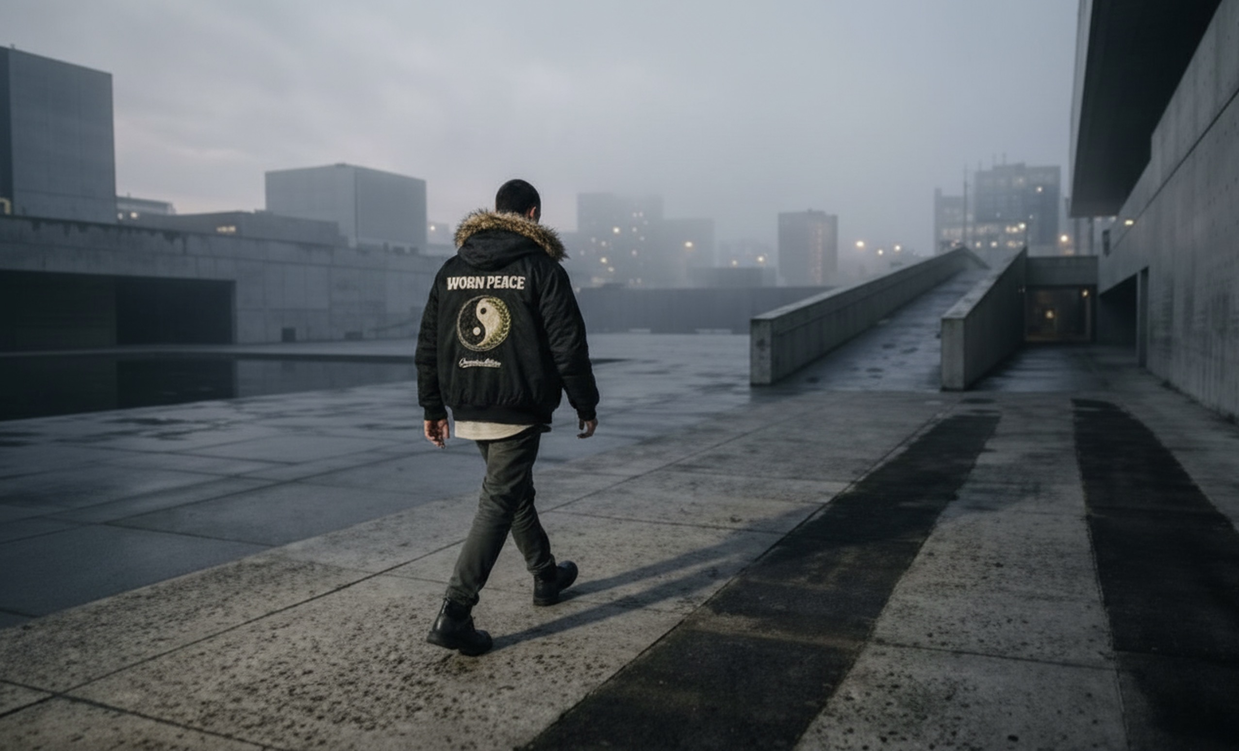 Worn Peace — figure walking through a minimalist urban space